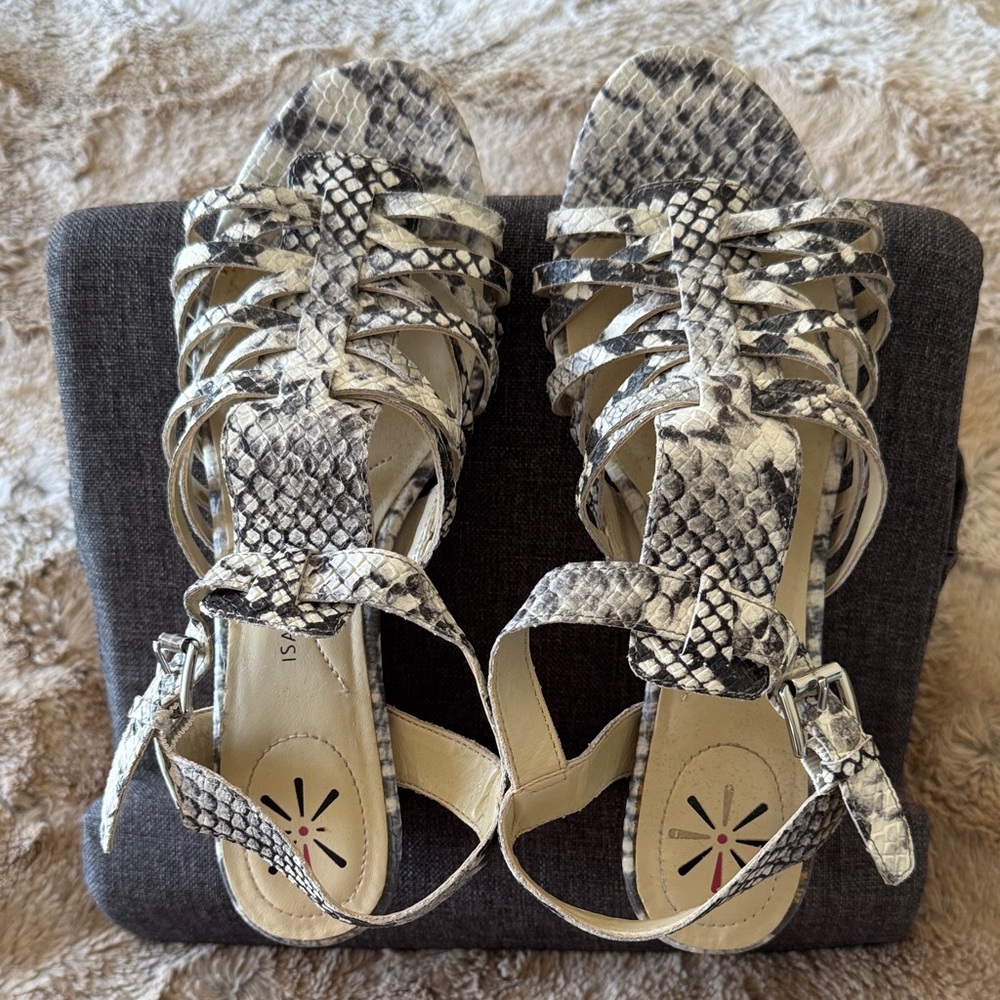 Isaac Mizrahi Live! Snakeskin Strappy Wedge Sandals 6.5M
